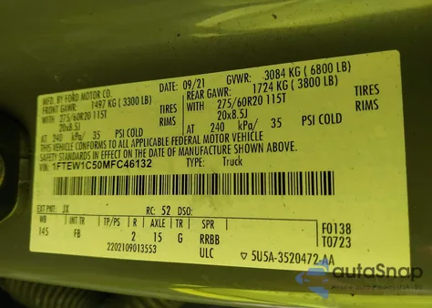 2021 Ford F-150 Xlt z USA, uszkodzony, nr VIN 1FTEW1C50MFC46132